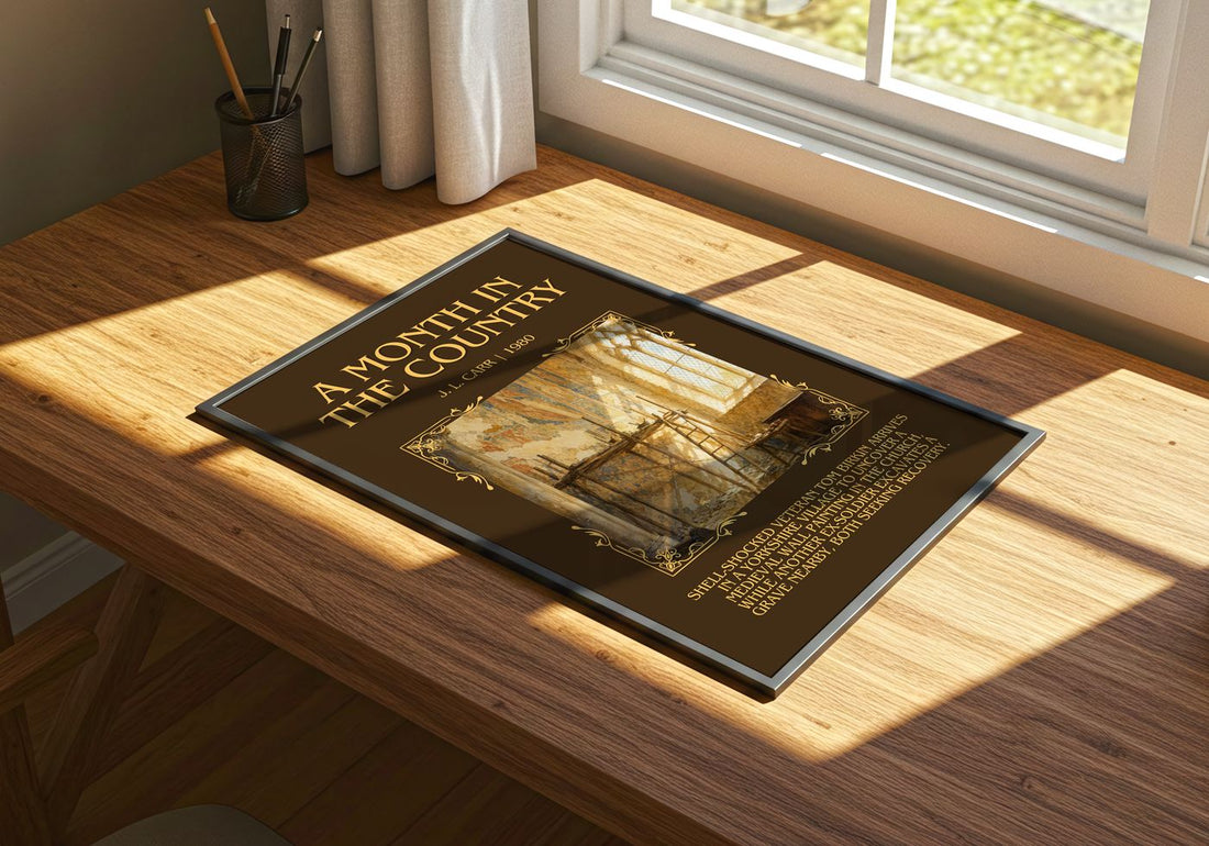 A Month In The Country Minimalist Book Poster by J. L. Carr – print on a sunlit desk