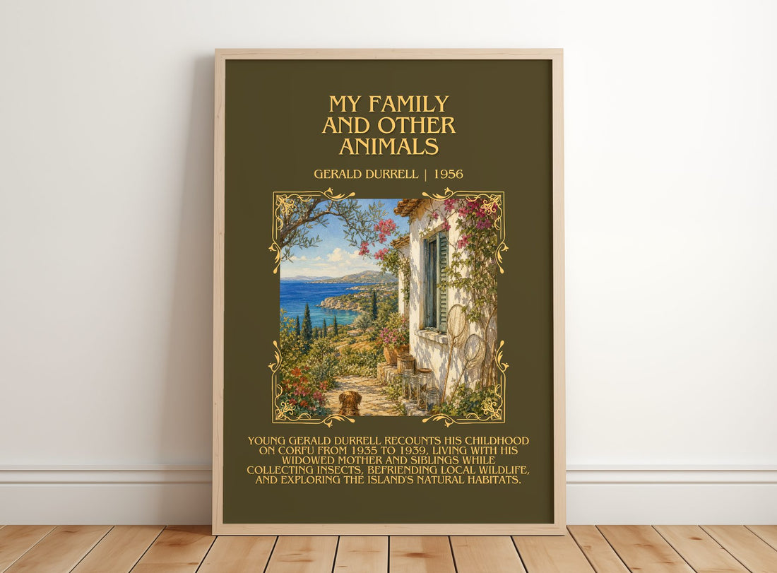 My Family And Other Animals Minimalist Book Poster by Gerald Durrell – framed print leaning on a wooden floor