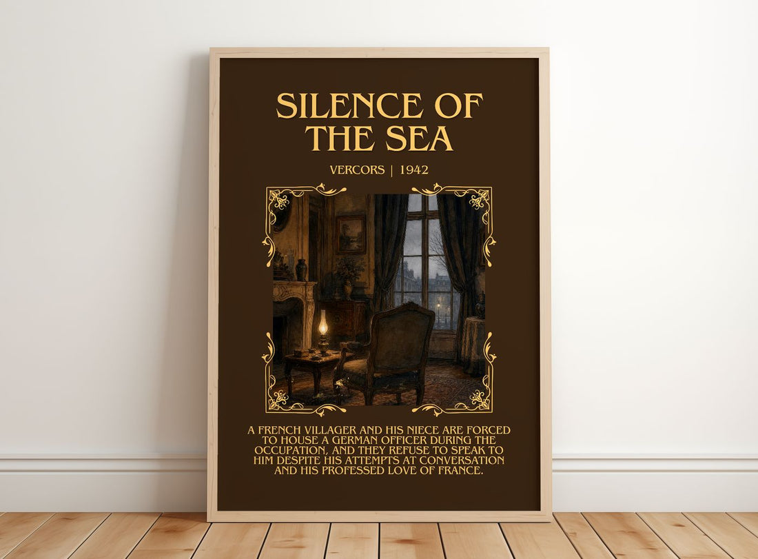 Silence of the Sea Minimalist Book Poster by Vercors – framed print leaning on a wooden floor