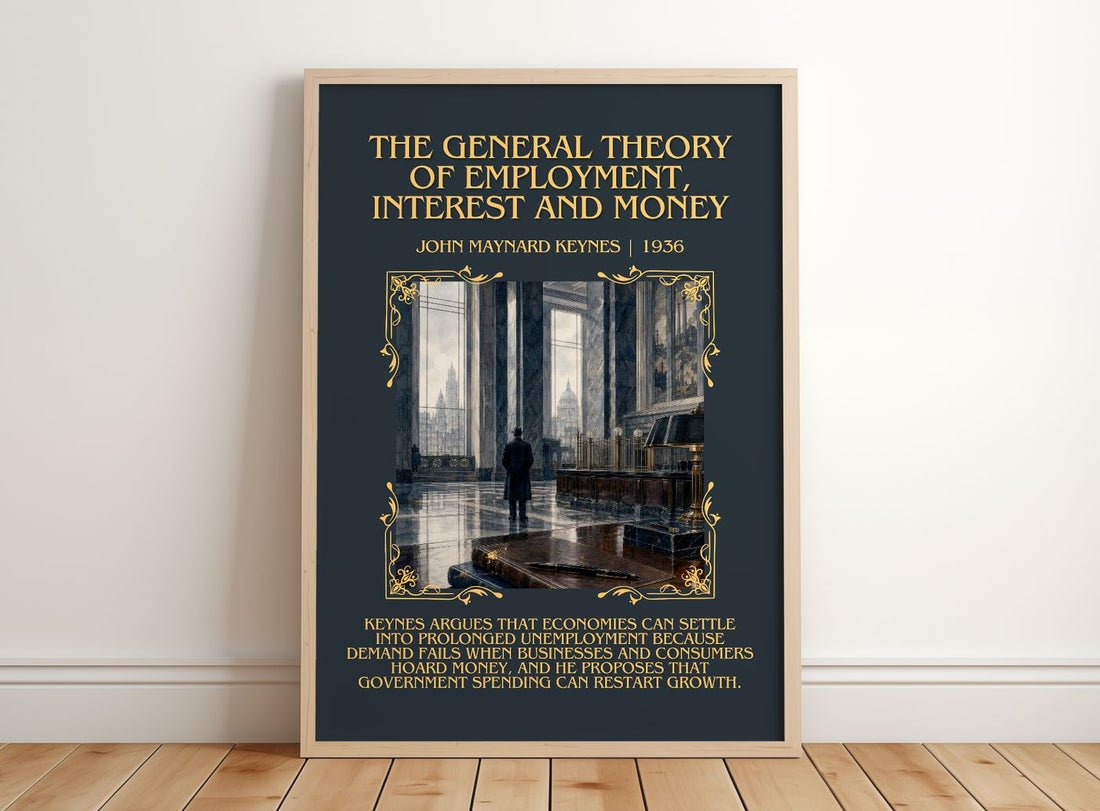 The General Theory of Employment, Interest and Money Minimalist Book Poster by John Maynard Keynes – framed print leaning on a wooden floor