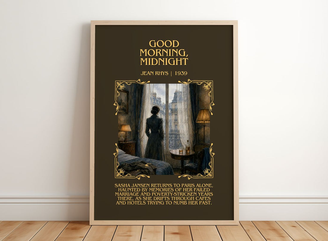 Good Morning, Midnight Minimalist Book Poster by Jean Rhys – framed print leaning on a wooden floor