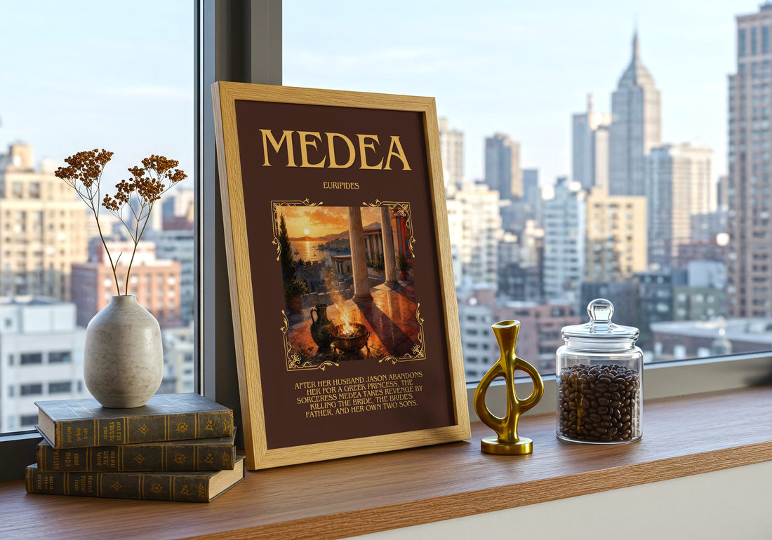 Medea Minimalist Book Poster by Euripides – framed print on a city-view windowsill