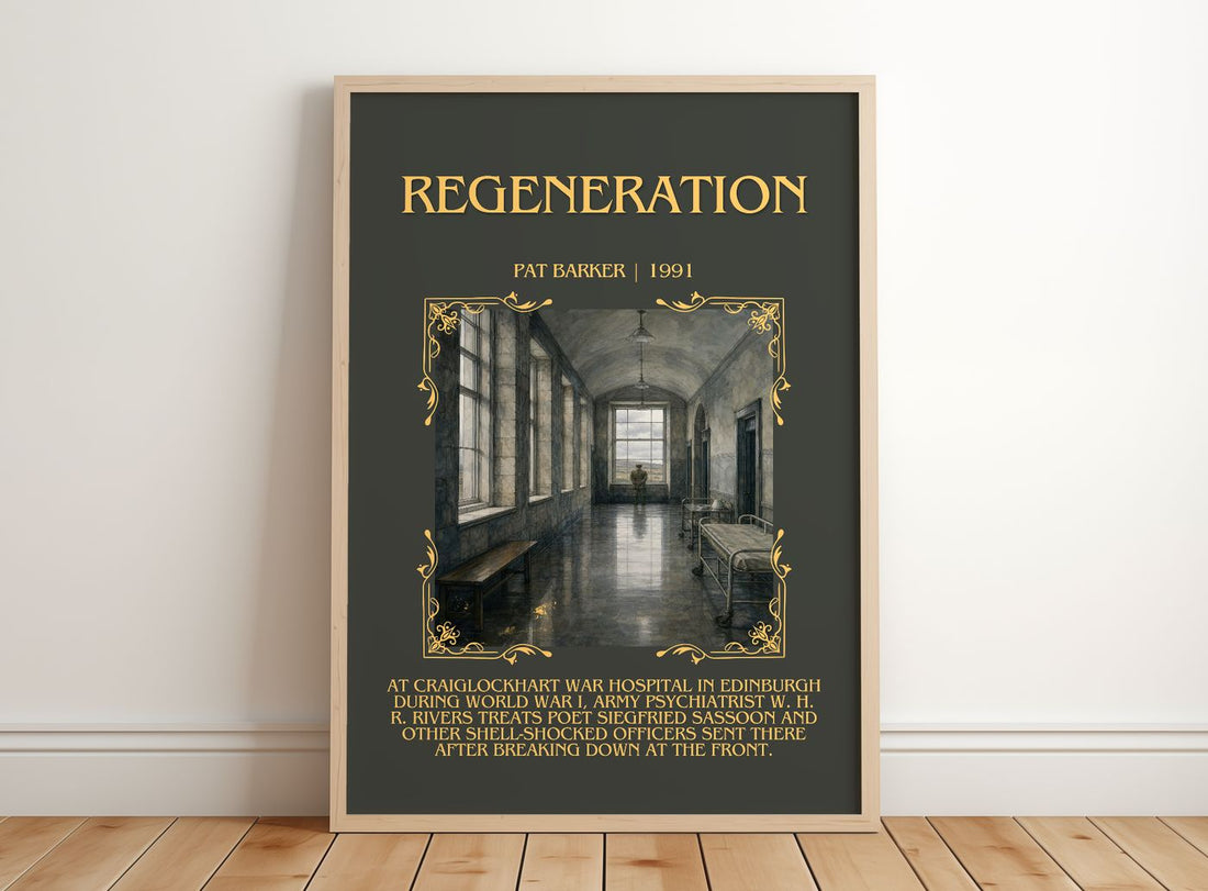 Regeneration Minimalist Book Poster by Pat Barker – framed print leaning on a wooden floor