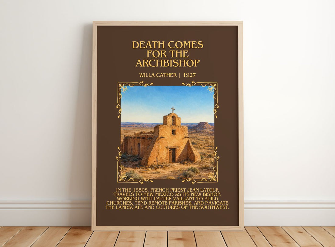 Death Comes for the Archbishop Minimalist Book Poster by Willa Cather – framed print leaning on a wooden floor