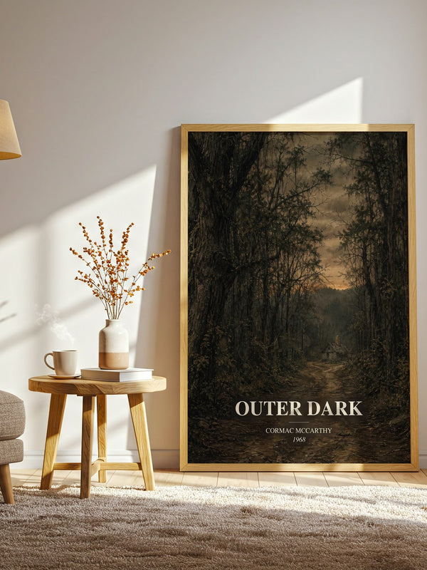 Outer Dark watercolour print in frame leaning in hallway – literary fiction wall art