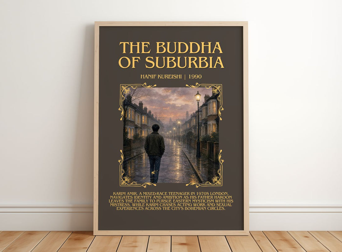 The Buddha of Suburbia Minimalist Book Poster by Hanif Kureishi – framed print leaning on a wooden floor