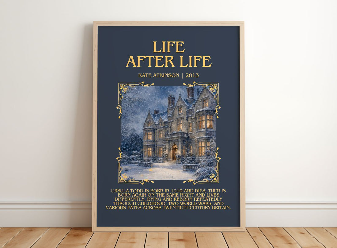 Life After Life Minimalist Book Poster by Kate Atkinson – framed print leaning on a wooden floor