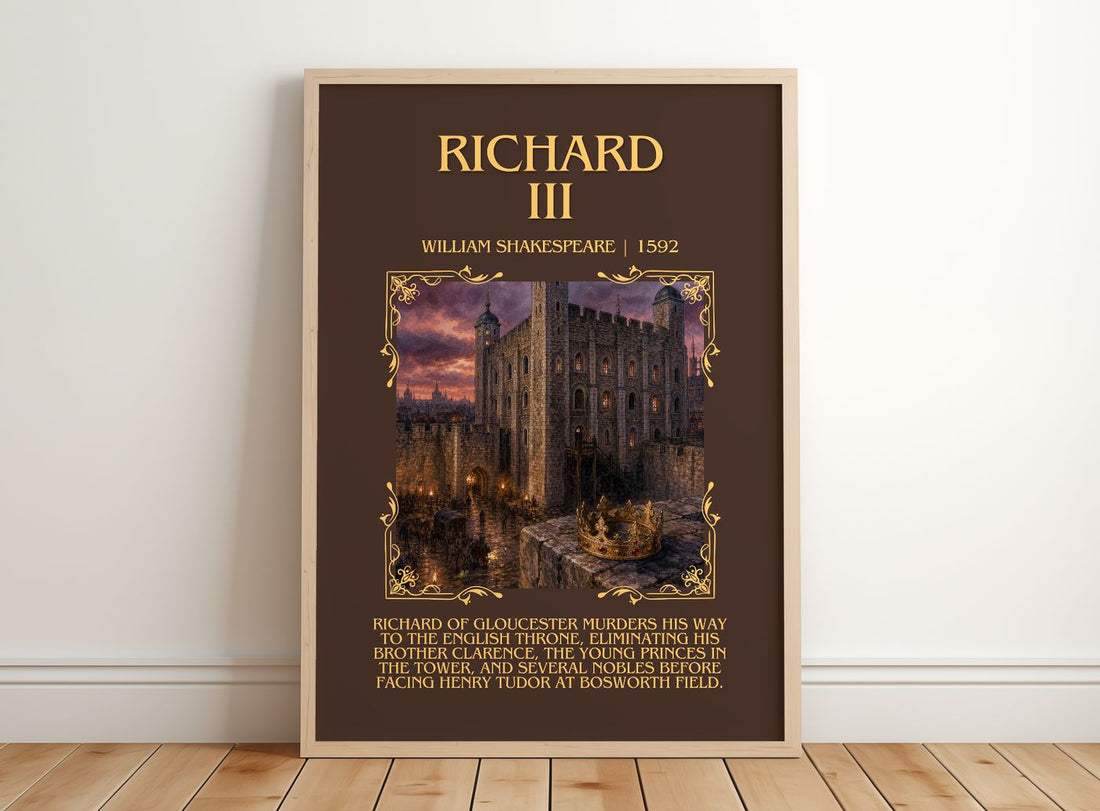 Richard III Minimalist Book Poster by William Shakespeare – framed print leaning on a wooden floor