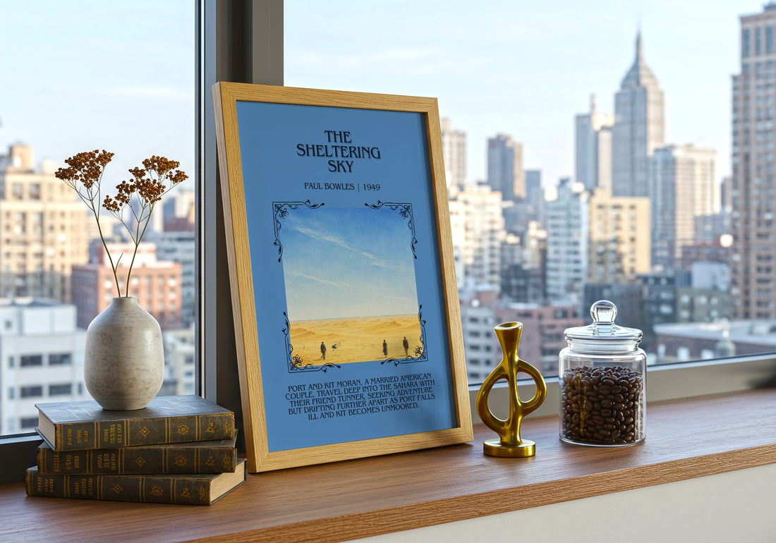 The Sheltering Sky Minimalist Book Poster by Paul Bowles – framed print on a city-view windowsill
