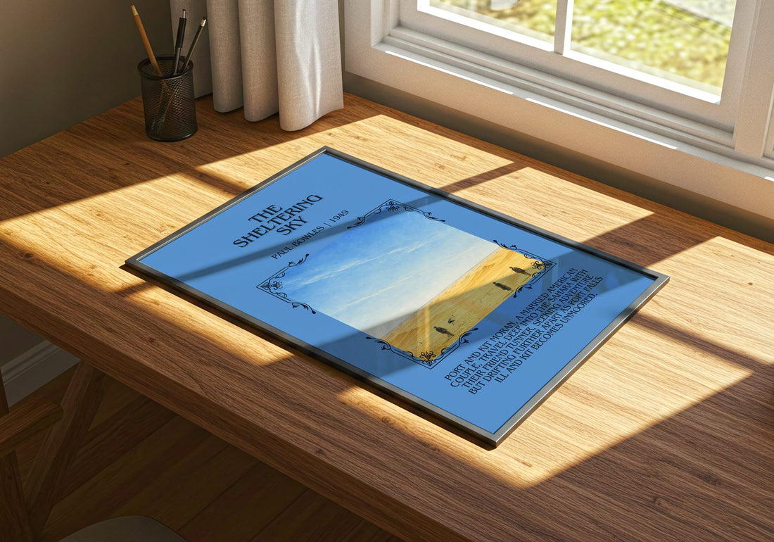 The Sheltering Sky Minimalist Book Poster by Paul Bowles – print on a sunlit desk