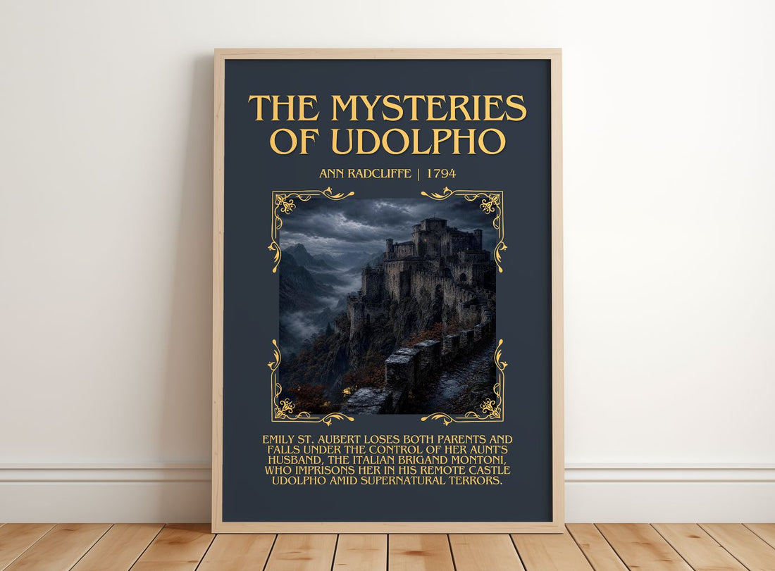 The Mysteries of Udolpho Minimalist Book Poster by Ann Radcliffe – framed print leaning on a wooden floor