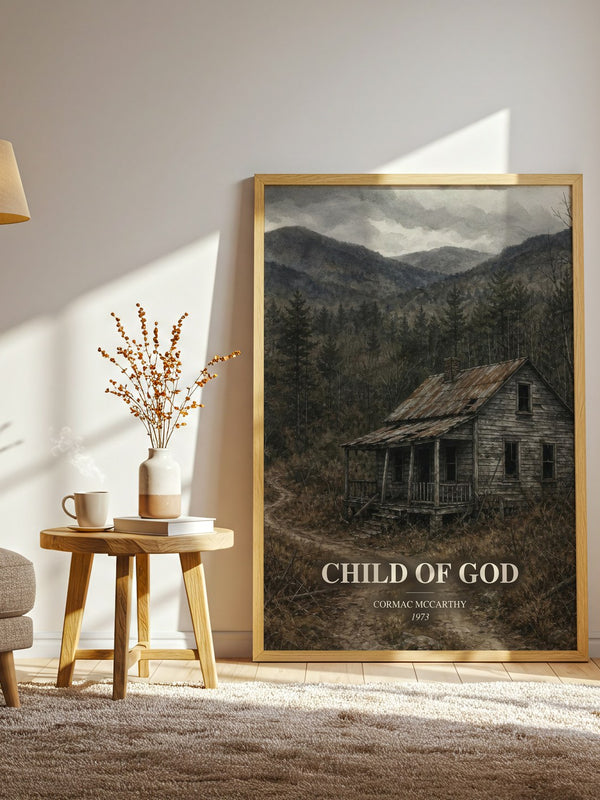 Child Of God watercolour print in frame leaning in hallway – literary fiction wall art