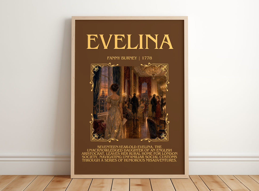 Evelina Minimalist Book Poster by Fanny Burney – framed print leaning on a wooden floor