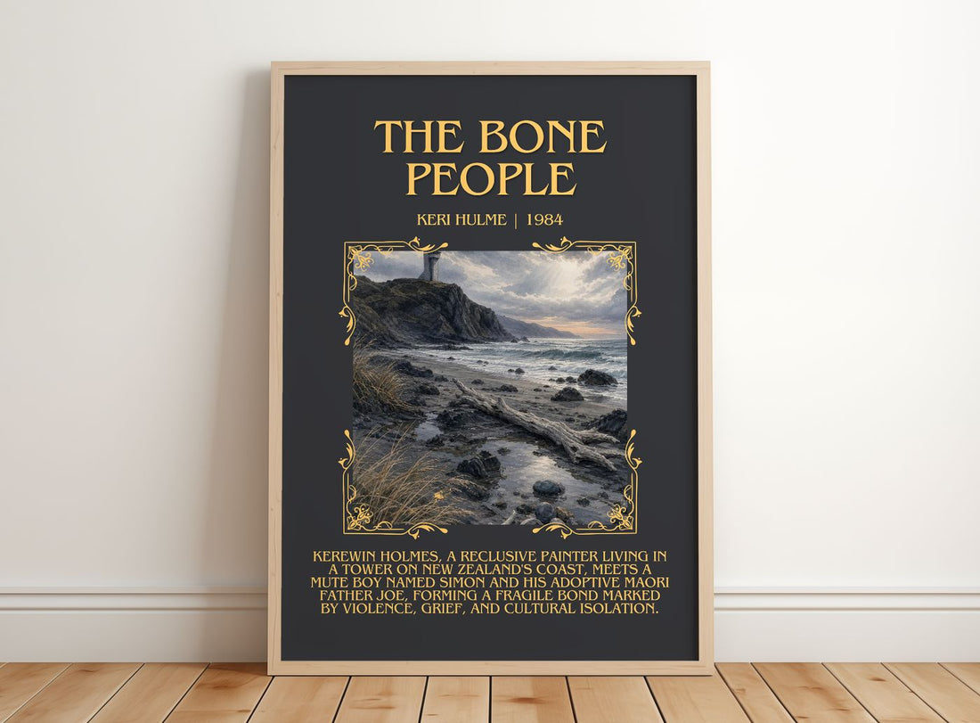 The Bone People Minimalist Book Poster by Keri Hulme – framed print leaning on a wooden floor