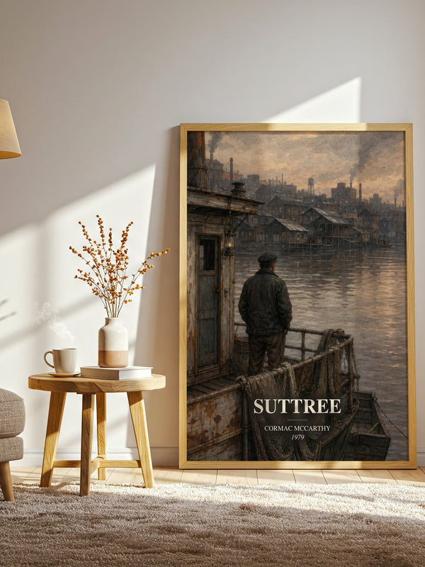 Suttree watercolour print in frame leaning in hallway – literary fiction wall art