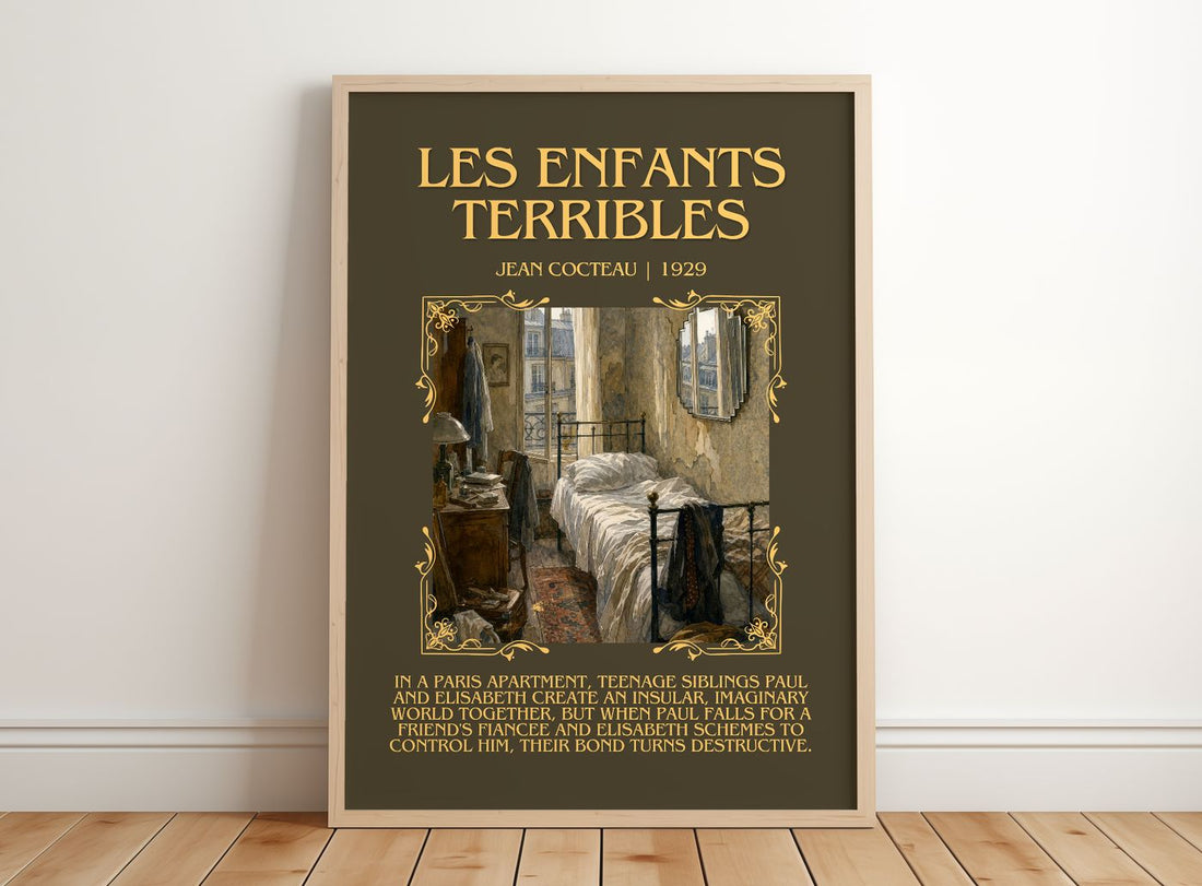 Les Enfants Terribles Minimalist Book Poster by Jean Cocteau – framed print leaning on a wooden floor