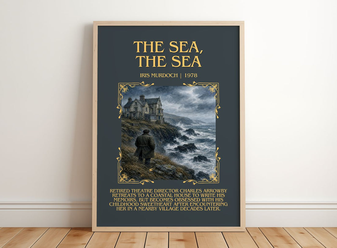 The Sea, The Sea Minimalist Book Poster by Iris Murdoch – framed print leaning on a wooden floor