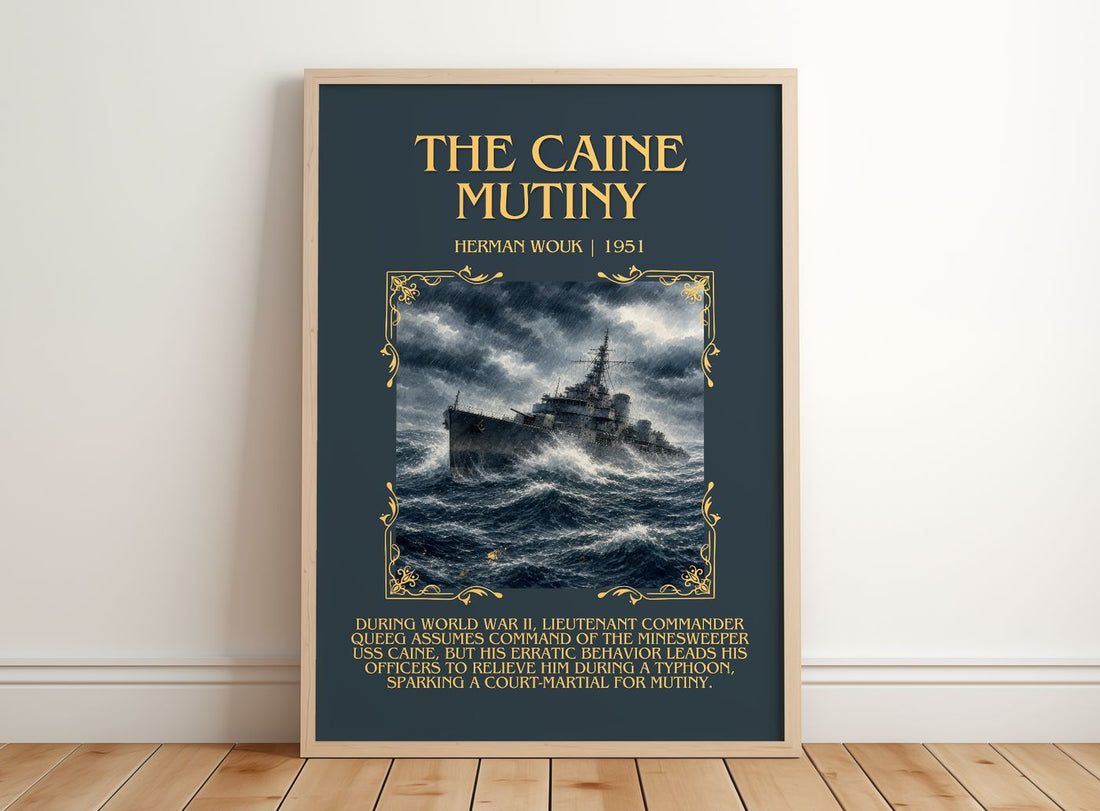 The Caine Mutiny Minimalist Book Poster by Herman Wouk – framed print leaning on a wooden floor