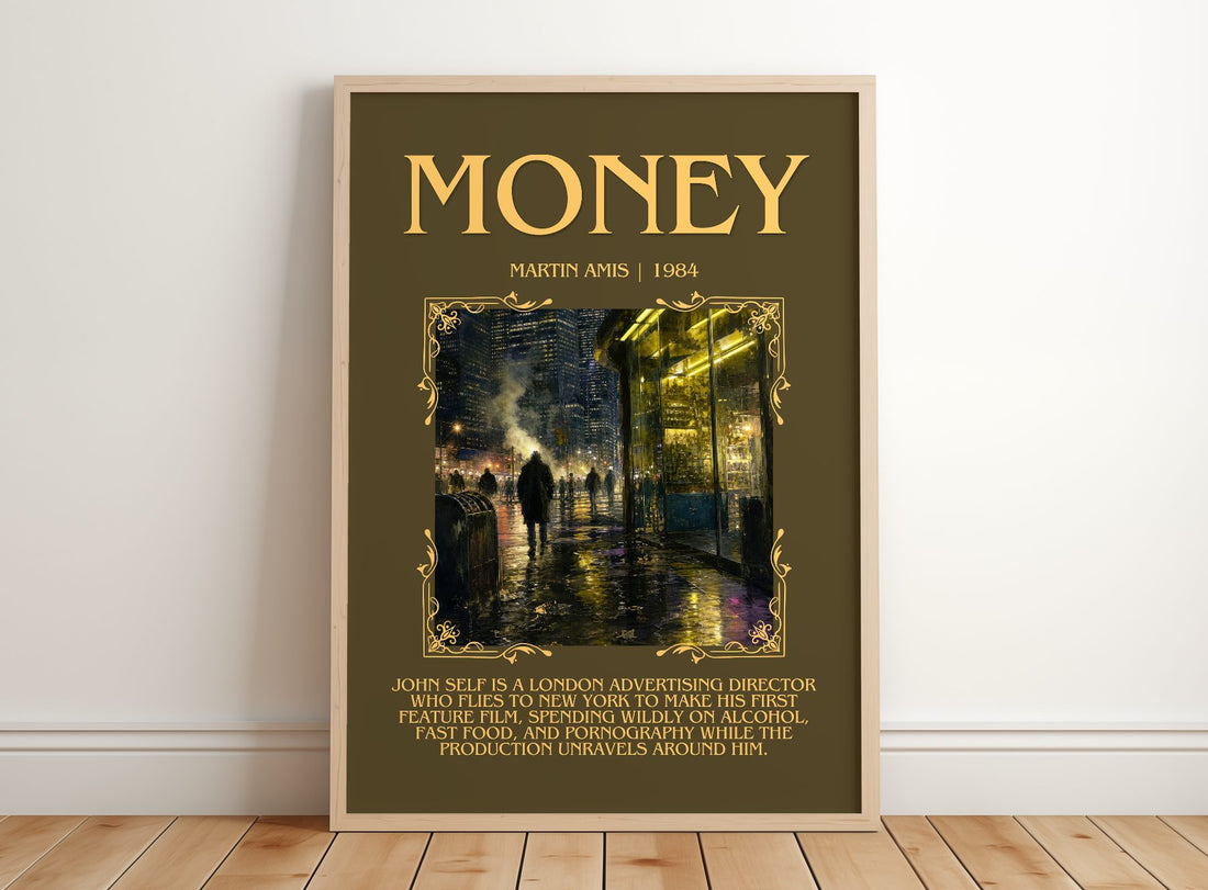 Money Minimalist Book Poster by Martin Amis – framed print leaning on a wooden floor