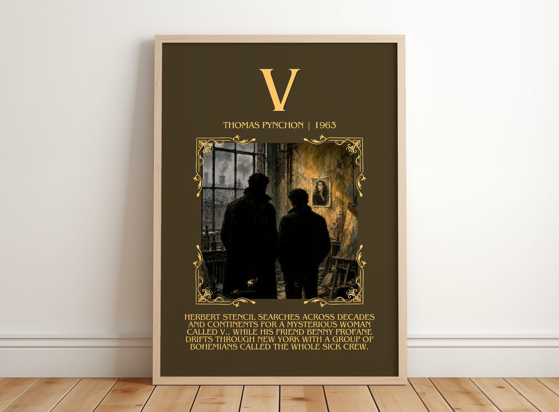 V Minimalist Book Poster by Thomas Pynchon – framed print leaning on a wooden floor