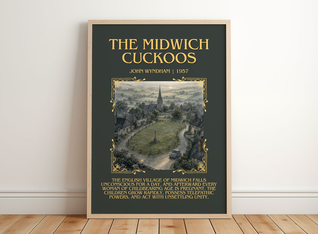 The Midwich Cuckoos Minimalist Book Poster by John Wyndham – framed print leaning on a wooden floor