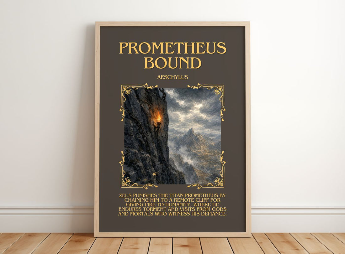 Prometheus Bound Minimalist Book Poster by Aeschylus – framed print leaning on a wooden floor