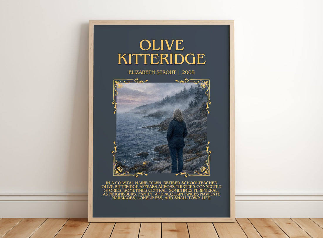 Olive Kitteridge Minimalist Book Poster by Elizabeth Strout – framed print leaning on a wooden floor
