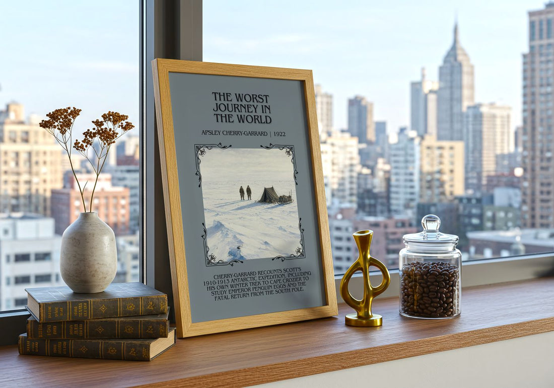 Worst Journey in the World Minimalist Book Poster by A. Cherry-Garrard – framed print on a city-view windowsill