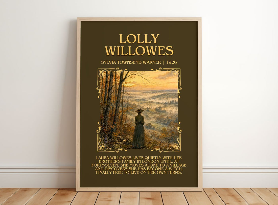 Lolly Willowes Minimalist Book Poster by Sylvia Townsend Warner – framed print leaning on a wooden floor