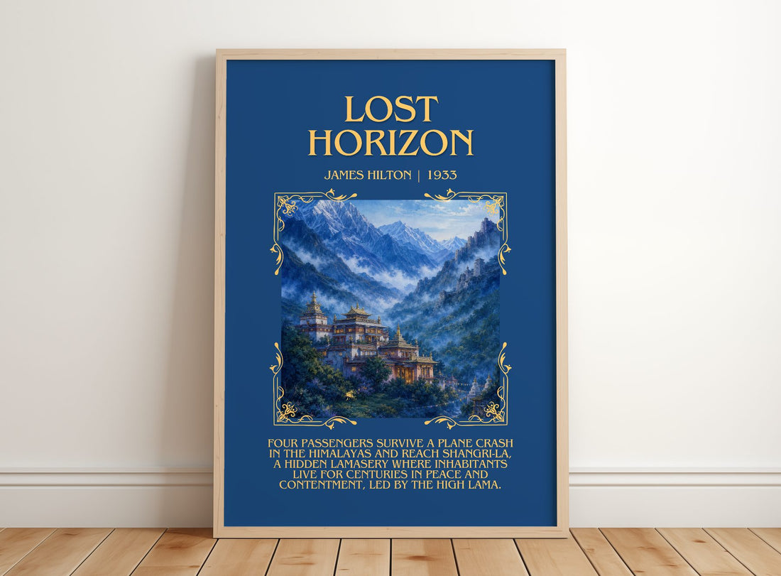 Lost Horizon Minimalist Book Poster by James Hilton – framed print leaning on a wooden floor