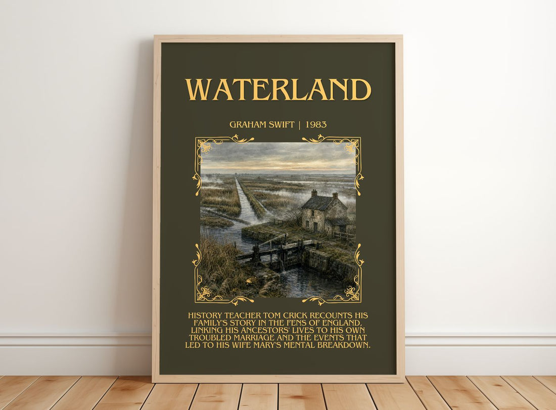 Waterland Minimalist Book Poster by Graham Swift – framed print leaning on a wooden floor