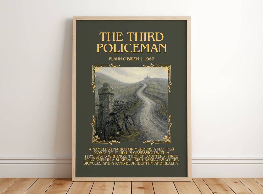 The Third Policeman Minimalist Book Poster by Flann O'Brien – framed print leaning on a wooden floor