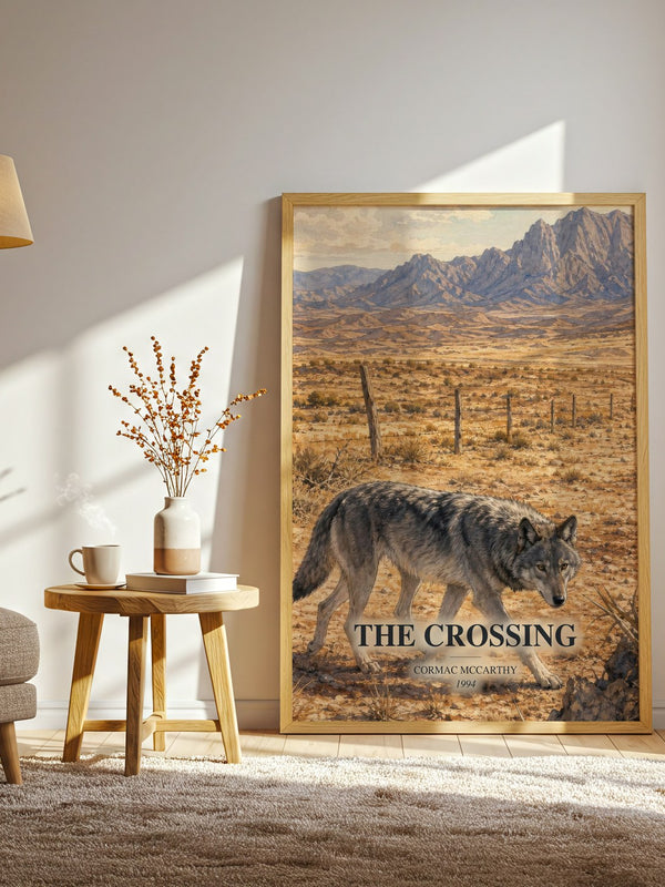 The Crossing watercolour print in frame leaning in hallway – literary fiction wall art