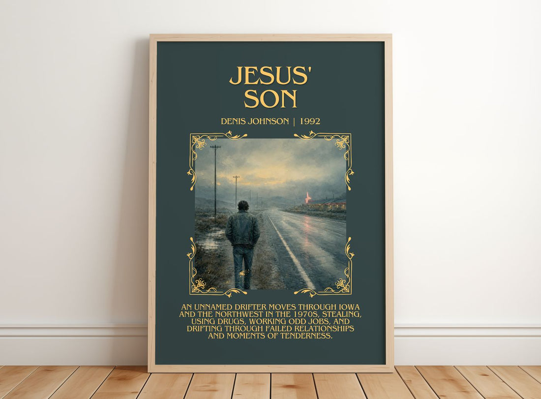 Jesus' Son Minimalist Book Poster by Denis Johnson – framed print leaning on a wooden floor
