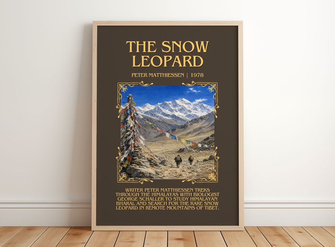 The Snow Leopard Minimalist Book Poster by Peter Matthiessen – framed print leaning on a wooden floor