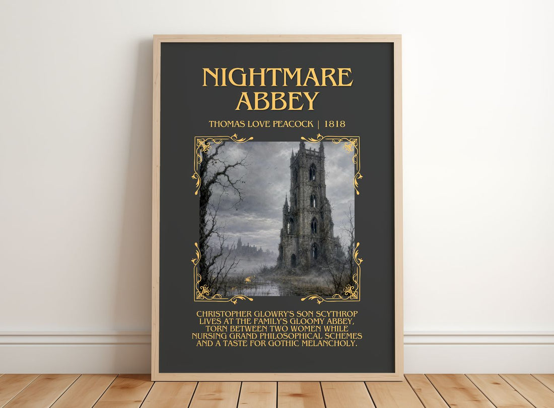 Nightmare Abbey Minimalist Book Poster by Thomas Love Peacock – framed print leaning on a wooden floor