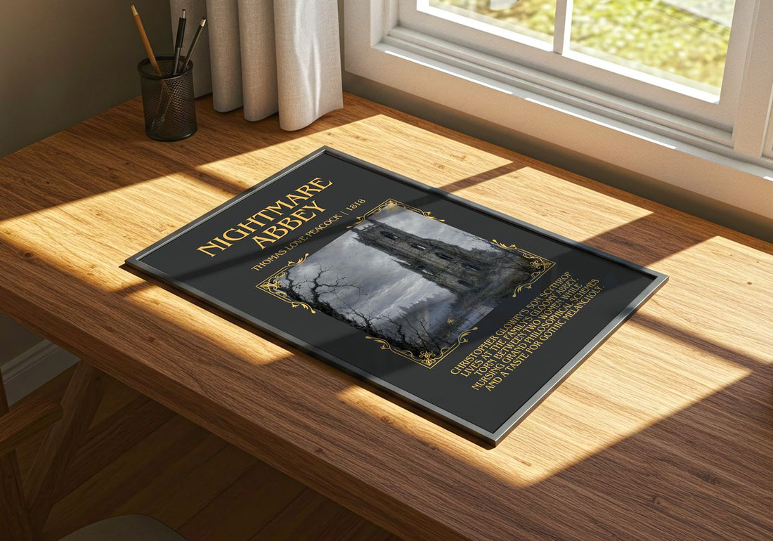 Nightmare Abbey Minimalist Book Poster by Thomas Love Peacock – print on a sunlit desk