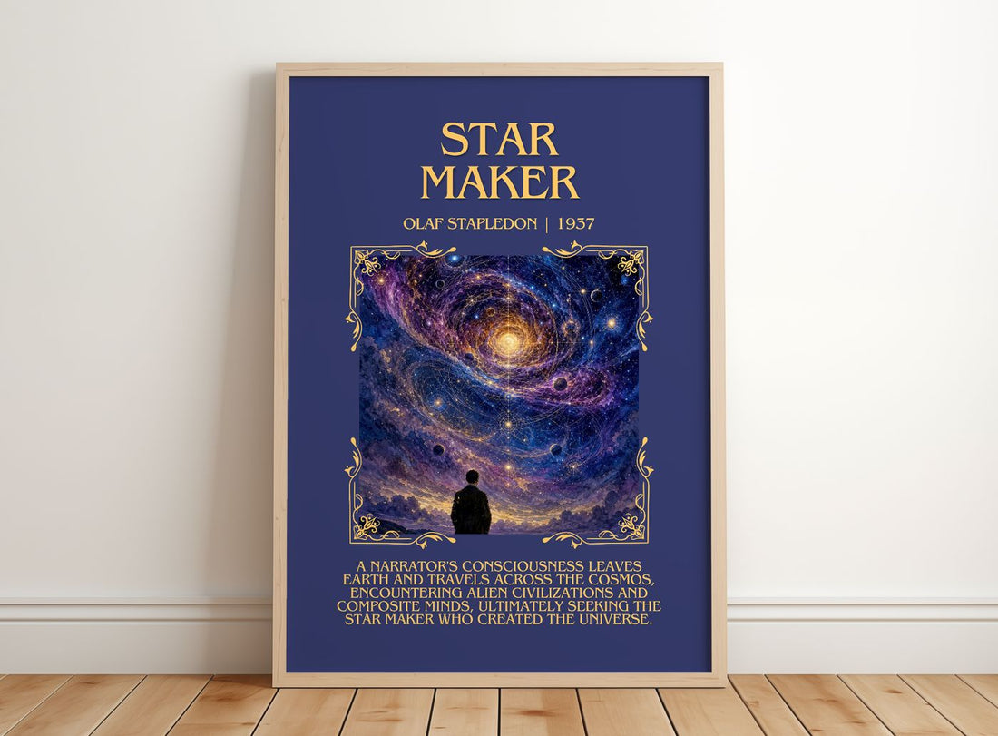 Star Maker Minimalist Book Poster by Olaf Stapledon – framed print leaning on a wooden floor
