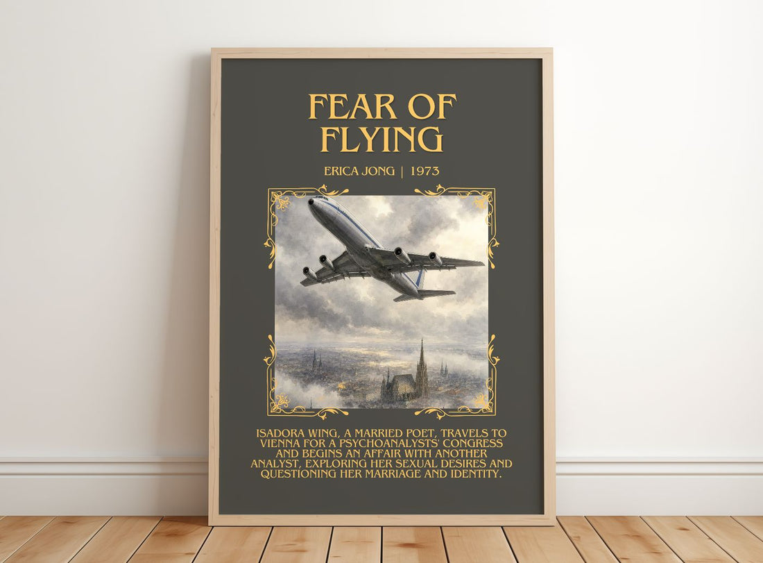 Fear of Flying Minimalist Book Poster by Erica Jong – framed print leaning on a wooden floor