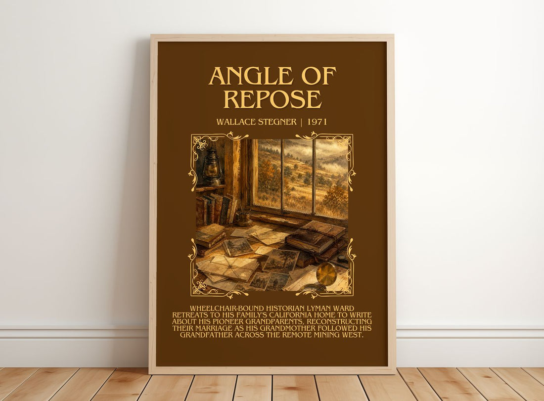 Angle of Repose Minimalist Book Poster by Wallace Stegner – framed print leaning on a wooden floor