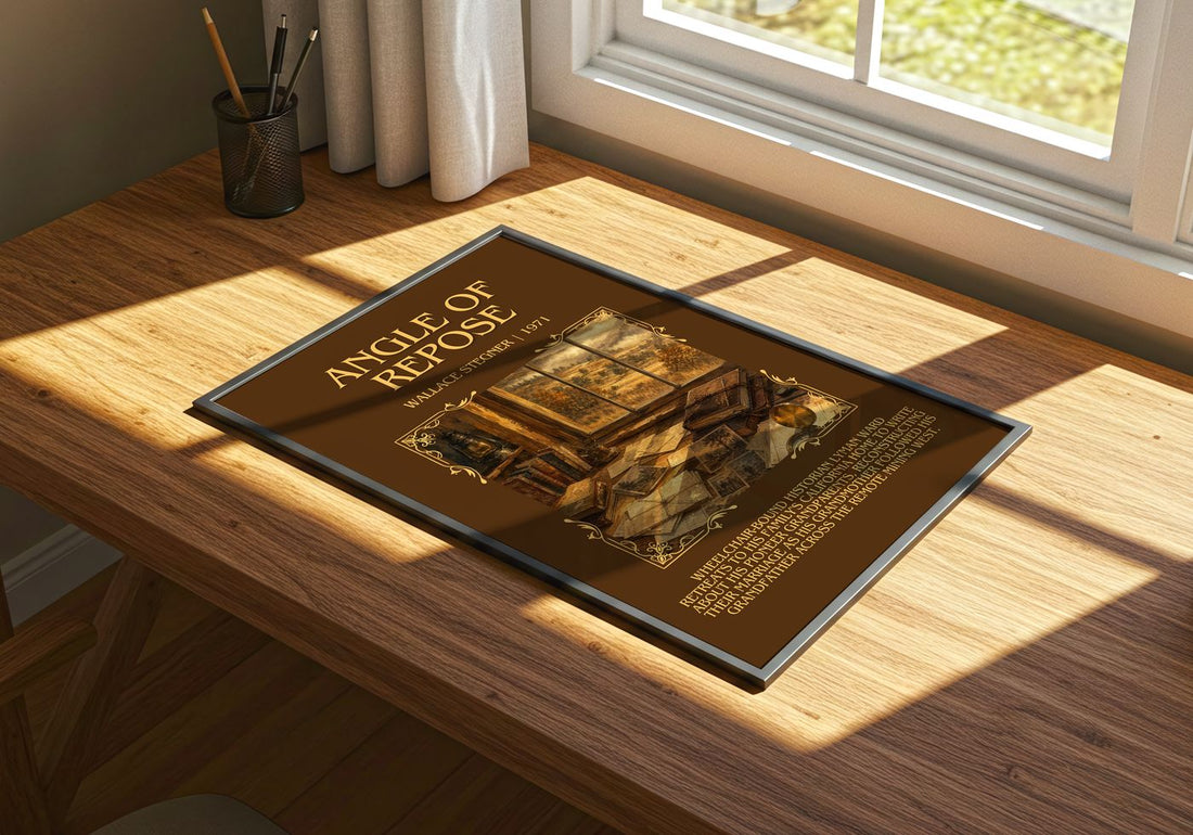 Angle of Repose Minimalist Book Poster by Wallace Stegner – print on a sunlit desk