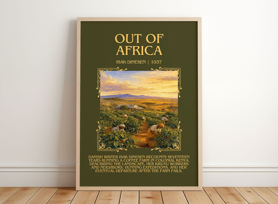 Out of Africa Minimalist Book Poster by Isak Dinesen – framed print leaning on a wooden floor