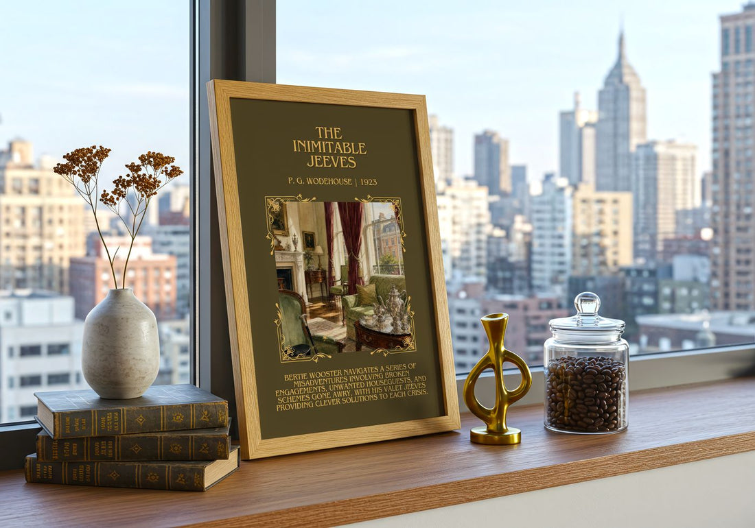 The Inimitable Jeeves Minimalist Book Poster by P. G. Wodehouse – framed print on a city-view windowsill