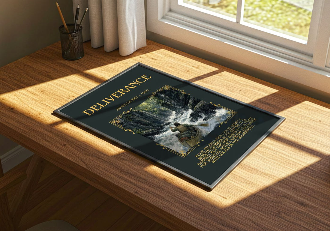 Deliverance Minimalist Book Poster by James Dickey – print on a sunlit desk