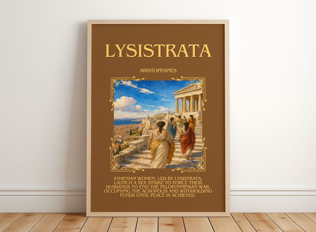 Lysistrata Minimalist Book Poster by Aristophanes – framed print leaning on a wooden floor