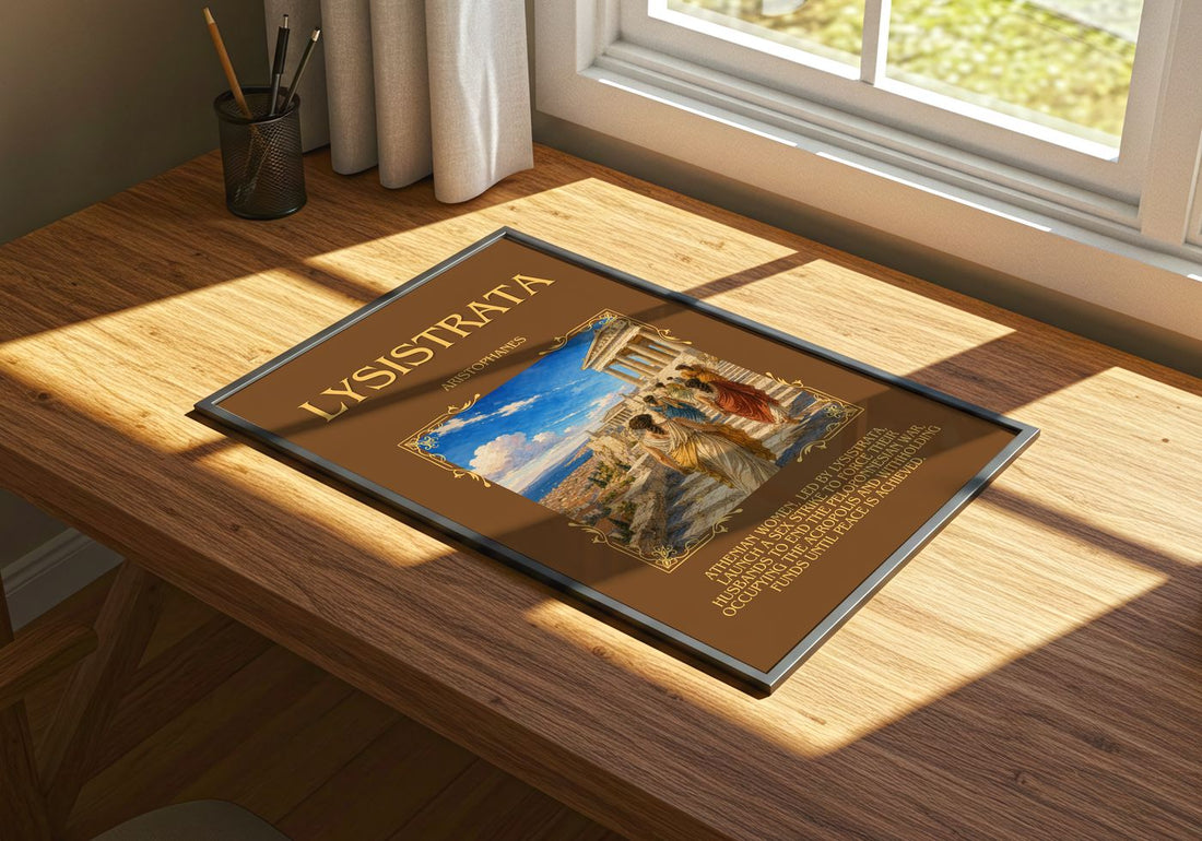 Lysistrata Minimalist Book Poster by Aristophanes – print on a sunlit desk