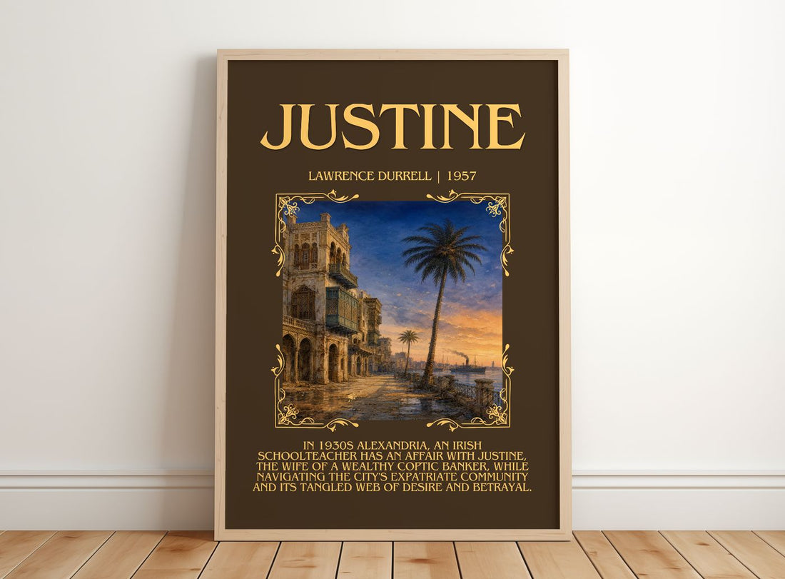 Justine Minimalist Book Poster by Lawrence Durrell – framed print leaning on a wooden floor
