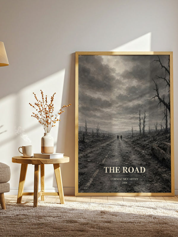 The Road watercolour print in frame leaning in hallway – dystopian wall art