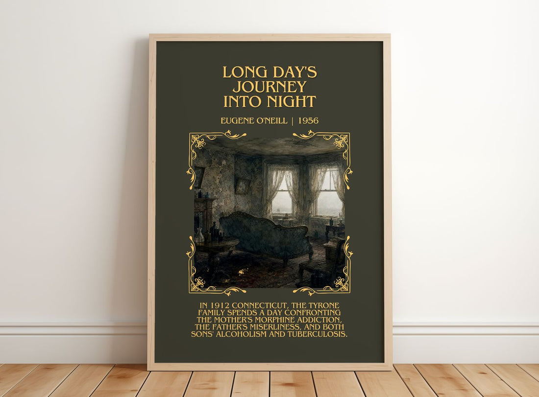 Long Day's Journey Into Night Minimalist Book Poster by Eugene O'Neill – framed print leaning on a wooden floor