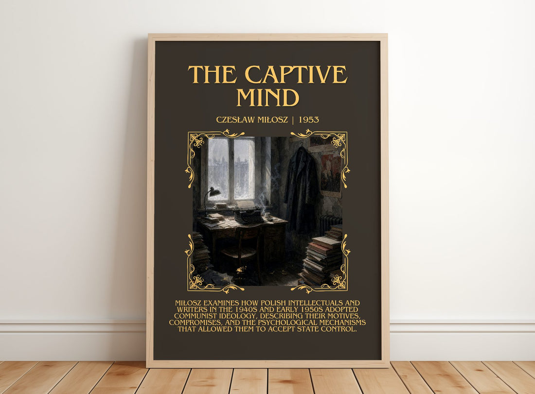 The Captive Mind Minimalist Book Poster by Czesław Miłosz – framed print leaning on a wooden floor